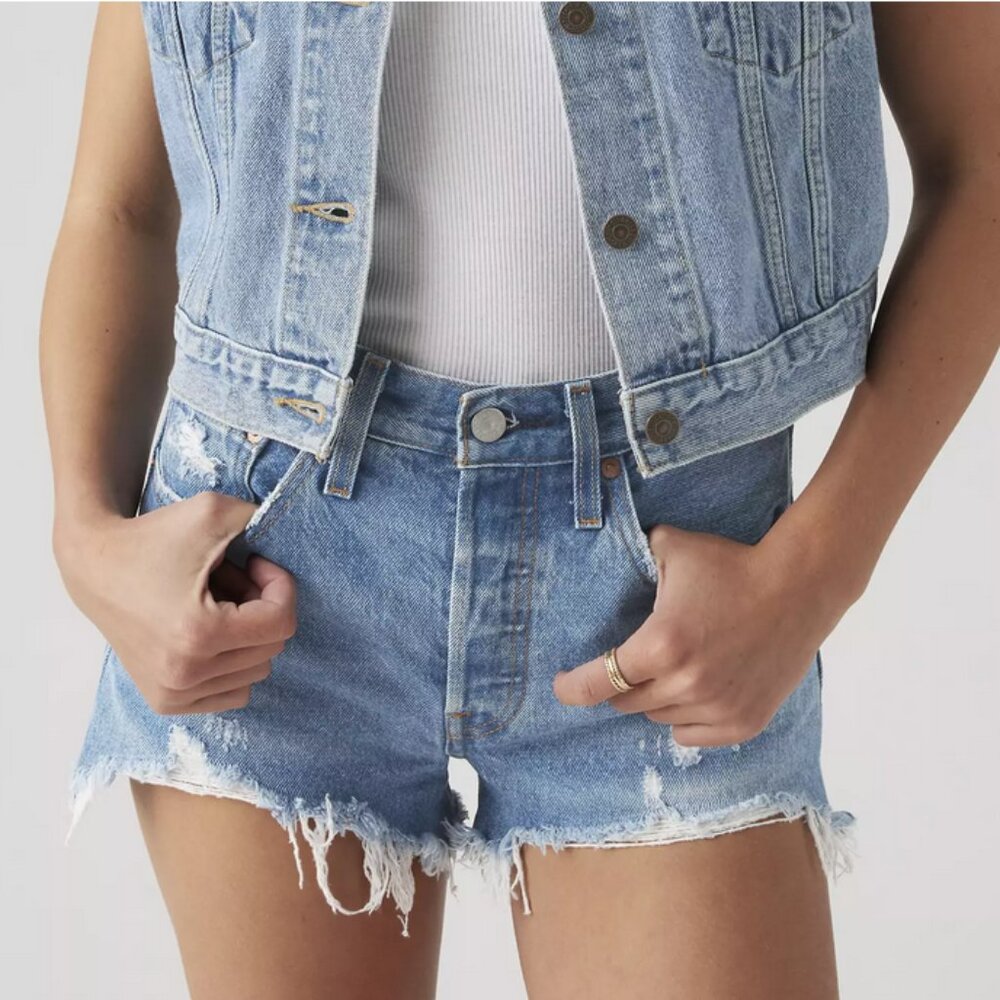 Levis High Rise Jean Shorts Cutoffs Distressed Stretch Cotton Denim, Size 26